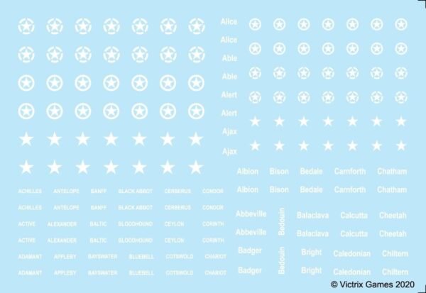 Victrix Allied stars & British names beginning ABC 12mm 1:144 Transfers Decals